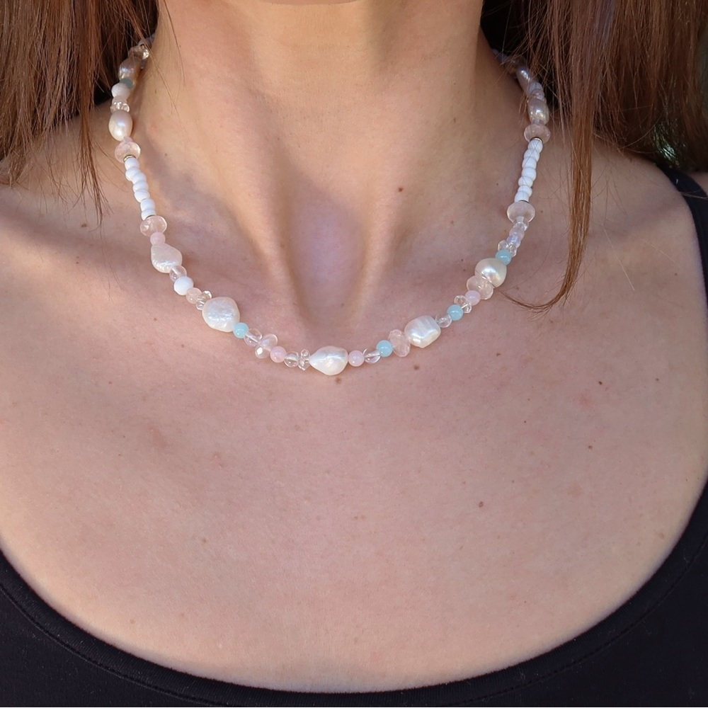 One of a Kind Freshwater Pearl, Rose Quartz & Crystal Beaded Necklace